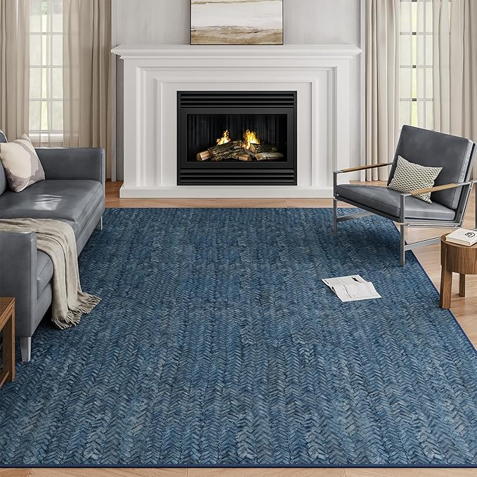 Eleisa Modern Vintage 10x14 Herringbone Chevron Area Rug, Non-Slip Stain Resistant Washable Rug, Blue Large Rug for Living Room, Farmhouse Carpet for Bedroom, Kitchen, Dining Room, Home Office