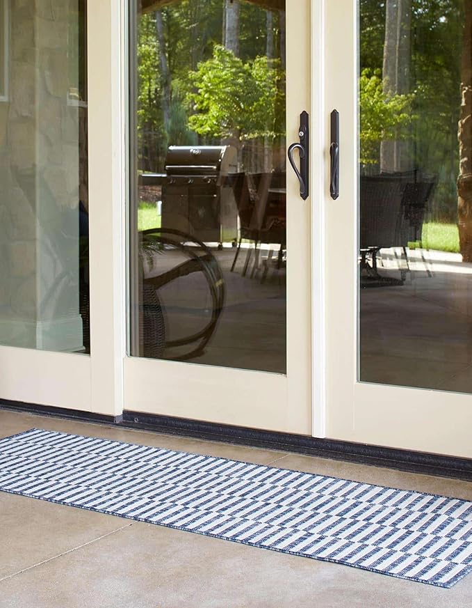 Unique Loom Outdoor Striped Collection Area Rug - Striped (2' x 8' Runner Blue/Ivory)