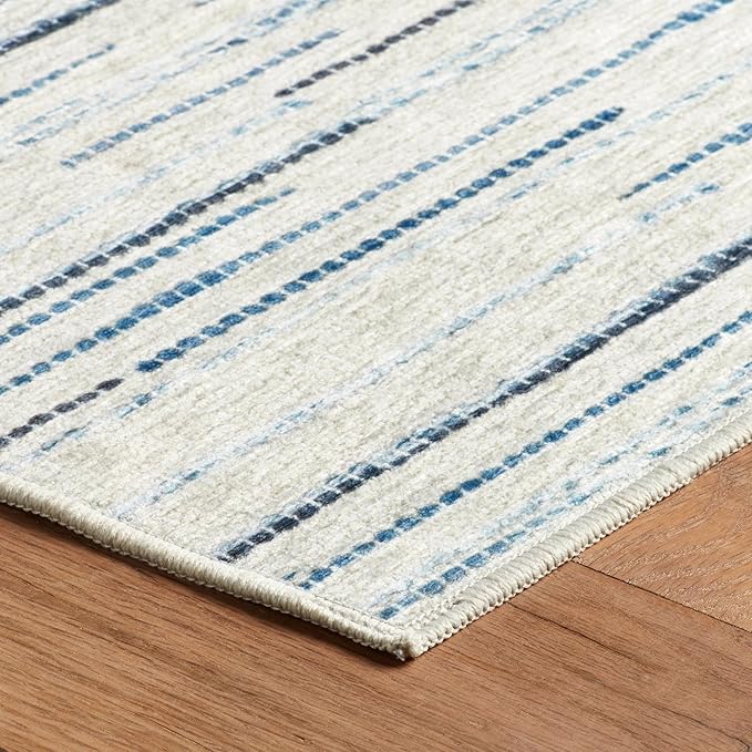 Dash & Albert Elwood Blue Machine Washable Rug, 6 X 9 Feet, Blue Stripe Pattern - Premium Luxury Hotel Quality Soft Breathable Hypoallergenic Machine Washable Easy Care All Season Comfortable