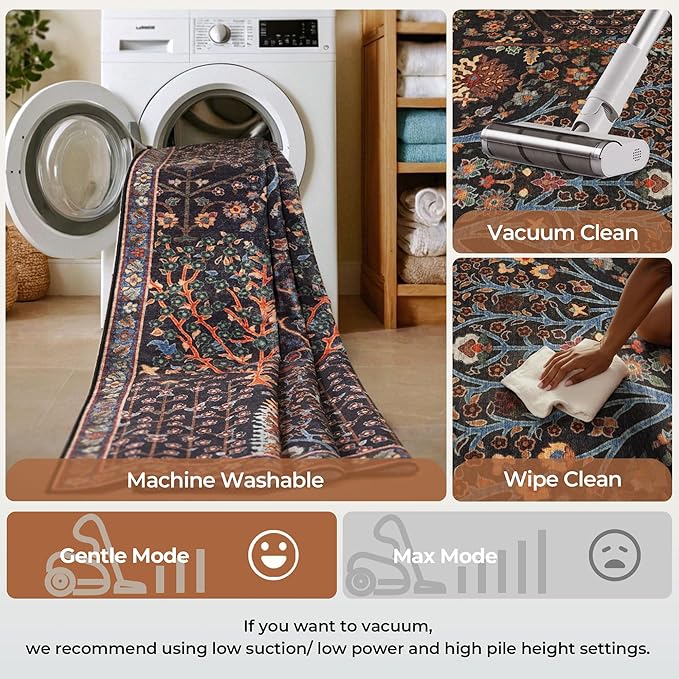 Kokia Boho Vintage Floral Area Rugs, Washable Oriental Botanical Rugs for Living Room, Bedroom, Dining Room, Office, Large Soft Indoor Area Rug, Wild Black，9x12