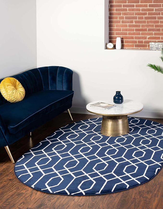 Unique Loom Glam Collection Area Rug - Trellis (7' 10' x 10' Oval, Navy Blue Silver/ Silver)