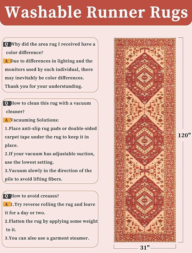 SERISSA Runner Rug for Hallways, 2'6"x10' Washable Non Slip Kitchen Runner Rug, Long Boho Rug Vintage Red Beige Hallway Stair Ultra Soft Print Floor Carpet for Bedroom Bathroom Laundry Room