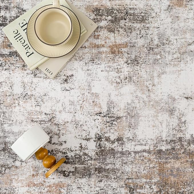 5x5 Washable Round Rug Brown Grey Abstract Living Room Bedroom Area Rug Neutral Modern Non Slip Soft Low Pile Indoor Carpet for Dining Room Office Entryway