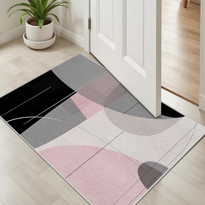 Abstract Art Line Living Room Area Rugs 4x6, Modern Boho Geometric Print Rug, Minimalist Washable Non Slip Neutral Soft Carpet for Bedroom, Dining Room Office Playroom, Black Gray