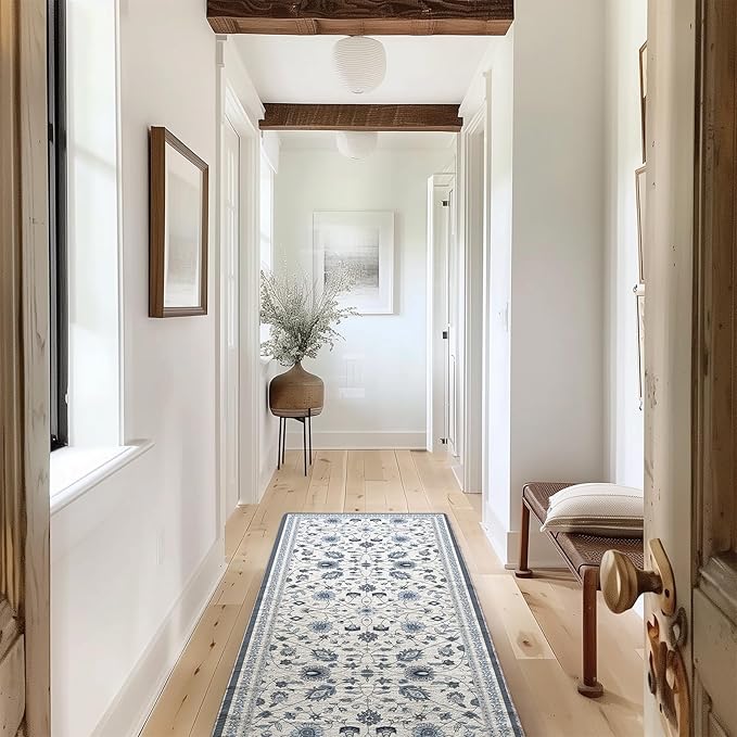 EVERGRACE Hallyway Area Runner Rugs 2x6, Boho Floral Faux Wool Indoor Outdoor Rugs, Washable Rugs for Bedroom Bathroom Living Room Kitchen, Low Pile Floor Mat Carpet for Home Decor, Porcelain Blue