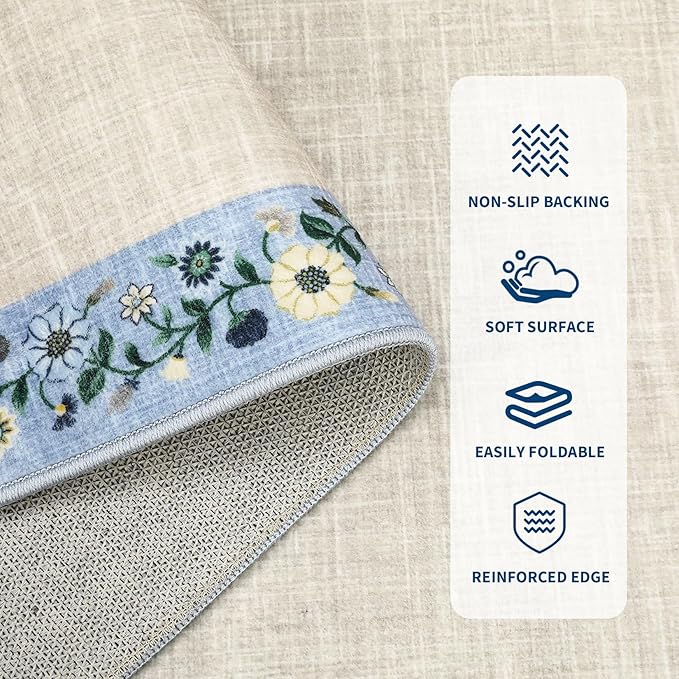 GarveeHome Washable Rugs for Living ROM 8 x 10 Large Area Rug Farmhouse Floral Bordered Bedroom Carpet Indoor Non-Slip Nursery Mat Soft Non Shedding Stain Resistant Carpet for Dining Room, Beige