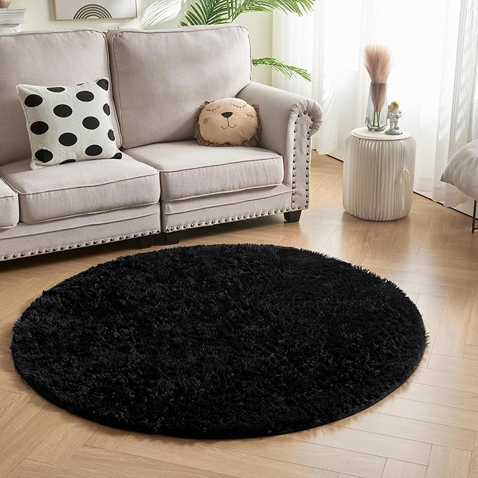 Andency Black Round Area Rug for Bedroom, Soft Shag Circle Rug 4x4 for Room, Fluffy Faux Fur Carpet for Home Decor, Circular Fuzzy Plush Rug for Living Room Playroom