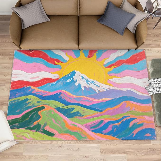 Boho Sun Area Rugs 5x8ft, Watercolor Mountain Living Room Carpet, Abstraction Deco Decorative Carpet Protect Floor for Bedroom Men Office Hardwood Floors