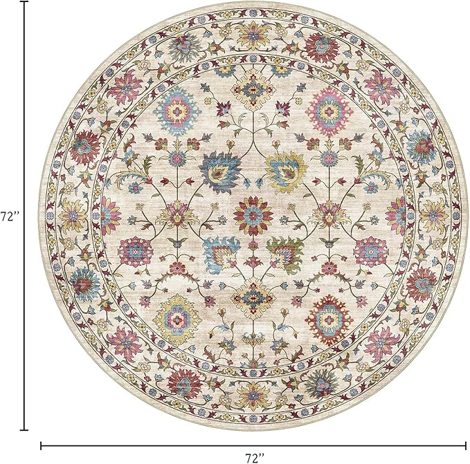 Washable Round Area Rug 6ft - Cream Colorful Traditional Floral Living Room Circle Rug Non-Slip Farmhouse Dining Room Carpet Soft Vintage Bohemian Round Rugs for Bedroom Office Nursery