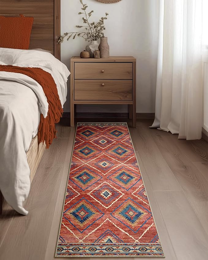 Area Rug 2x8 Rug Machine Washable Non-Slip Low Pile Print Pattern Western Rug for Living Room Bedroom Entryway Tribal Series -Red/Orange
