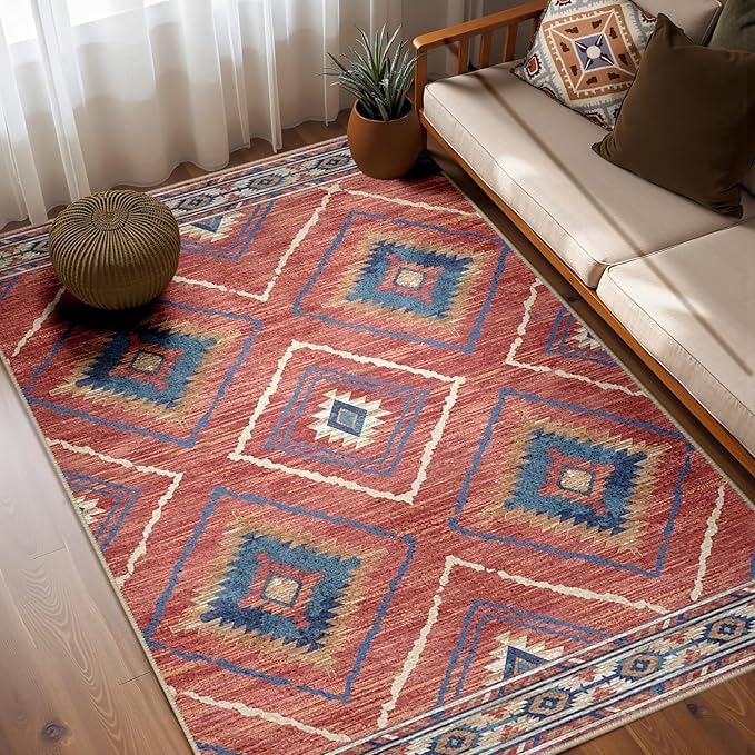 Area Rug 5x7 Rug Machine Washable Non-Slip Low Pile Print Pattern Western Rug for Living Room Bedroom Entryway Tribal Series -Red/Orange
