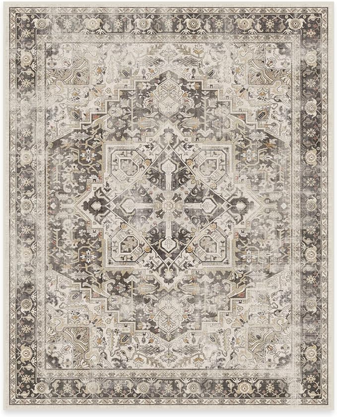 RUGGABLE Washable Vintage Area Rug – Kamran Hazel 8x10, Stain-Resistant, Non-Slip – Large Machine Washable Rugs for Living Room, Bedroom, Hallway, Entryway & Office–with Cushioned Pad