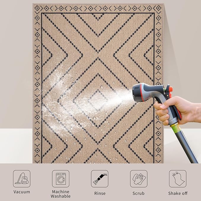 Tangsoo Easy Jute Rug 6x9 Washable Area Rugs for Living Room,Non Slip Ultra Thin Indoor Outdoor Carpet,Geometric Office Mat for Backyard Dining Room Patio Bedromm