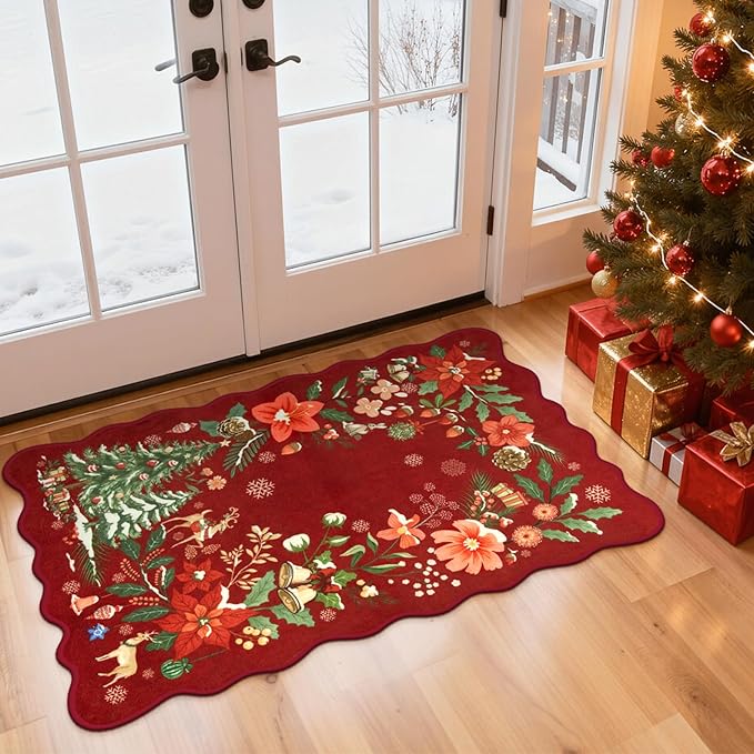Lahome Floral Christmas Rug, 2x4 Washable Christmas Kitchen Rugs Indoor Ultra-Thin, Soft Christmas Rugs for Entryway Red Door Mat Holiday Rugs for Bathroom Bedroom, Red