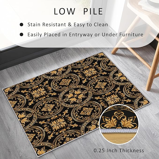 Black Gold Baroque Rug, Washable 6x9 Rug for Living Room, Floral Geometric Patterned Indoor Carpet, Black Gold Baroque Decor for Home, Bedroom, Soft Non Slip Thin Design FER71