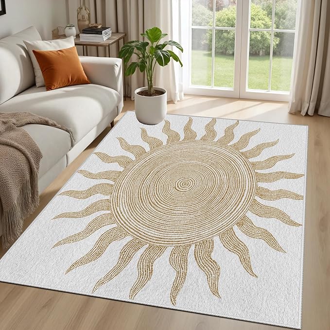 Boho Washable Rugs for Bedroom 6x8, Modern Sun Print Soft Minimalism Area Rug, Non Slip Low Pile Abstract Carpet for Classroom Living Room Decor Dining Room Sofa Kids Nursery Room, Beige Yellow