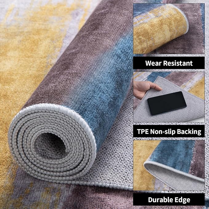Ciicool Abstract Area Rug Indoor, 3x5 Washable Entryway Rug, Modern Soft Throw Rug with Non-Slip Backing Ideal for Bedroom Living Room Entrance Kitchen, Low-Pile Floor Carpet Doormat Yellow Blue Grey