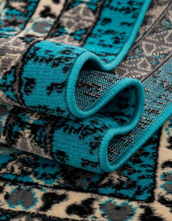 Unique Loom Taftan Collection Border Geometric Tribal Inspired Design Area Rug (2' 2 x 3' 0 Rectangular, Turquoise/ Gray)