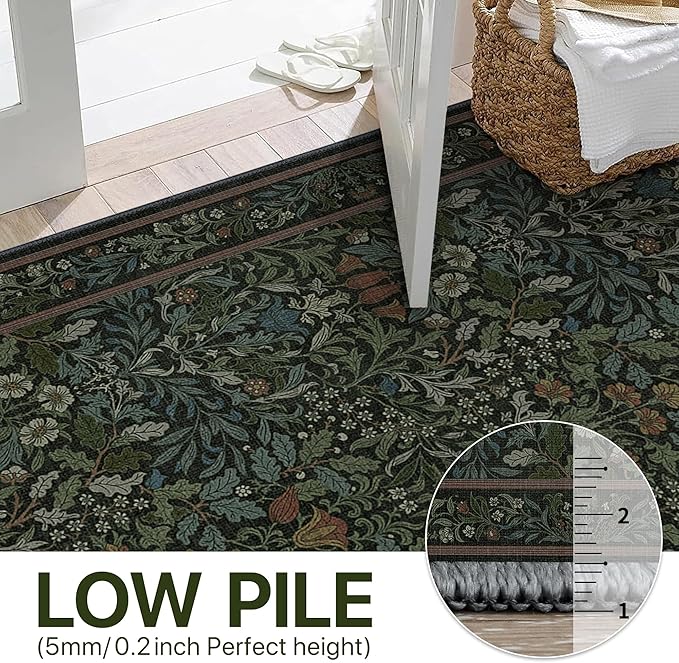 Bavni Floral Dark Green Area Rugs 8x10, Vintage Boho Carpet Machine Washable, Non Slip Soft Low Pile Thin Rug for Bedroom, Living Room, Dining Room, Nursery