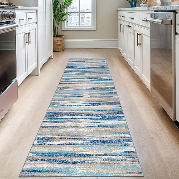 Modern Abstract Runner Rug 2.6x8, Blue Washable Kitchen Runner Non-Slip Soft Hallway Rug Runner Thin Print Faux Wool Carpet for Entryway Bedroom Laundry Room Indoor Home Decor