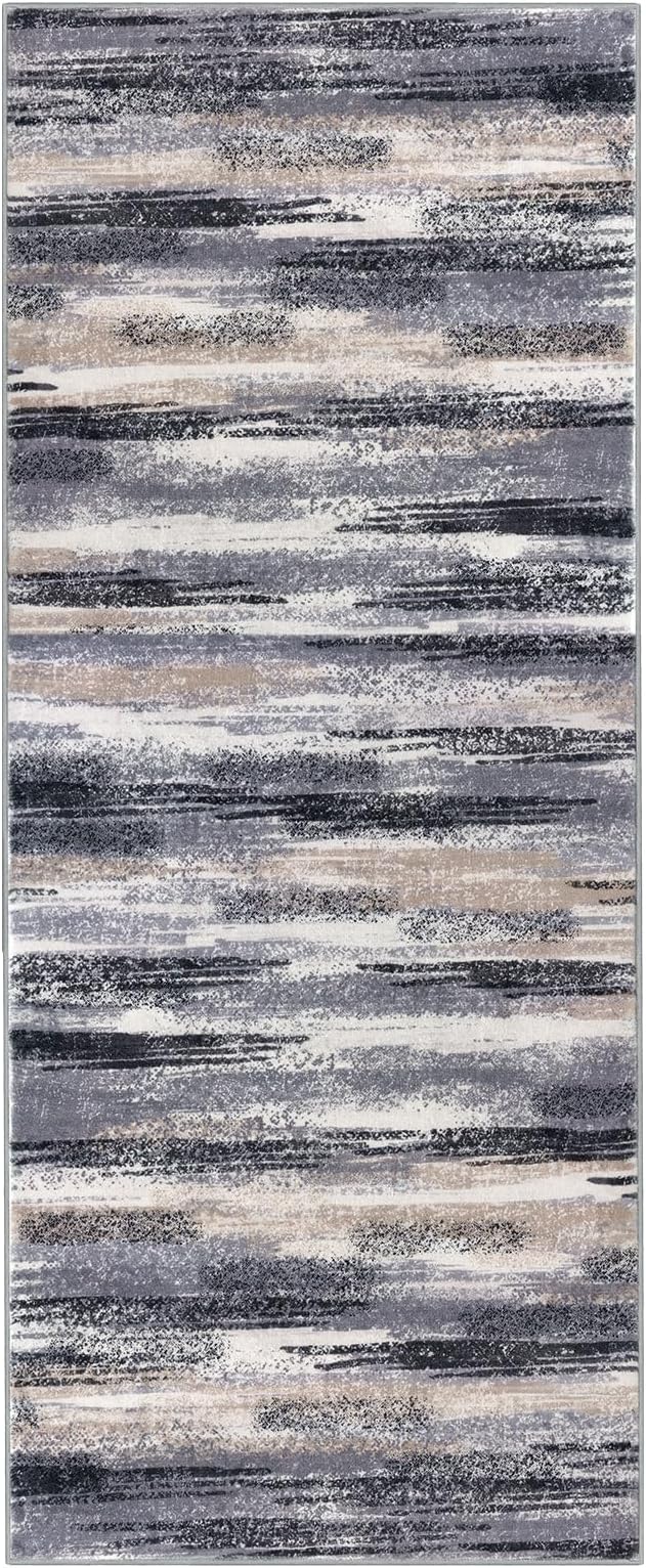 Modern Abstract Runner Rug 2x5, Grey Black Multi Washable Kitchen Runner Entryway Rug Mat Non-Slip Soft Hallway Rug Runner Thin Print Faux Wool Carpet for Bedroom Laundry Room Indoor