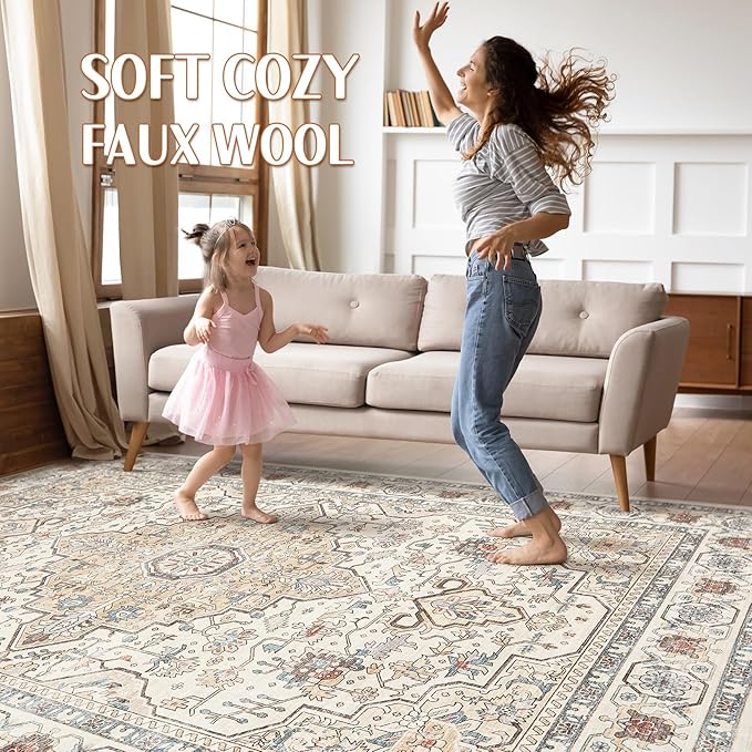 5x8Ft Area Rug Living Room: Washable Boho Large Neutral Vintage Soft Rugs Stain Resistant Farmhouse Non Slip Indoor Floor Carpet for Bedroom Nursery Kids Playroom Office Dining Room- Cream Blue