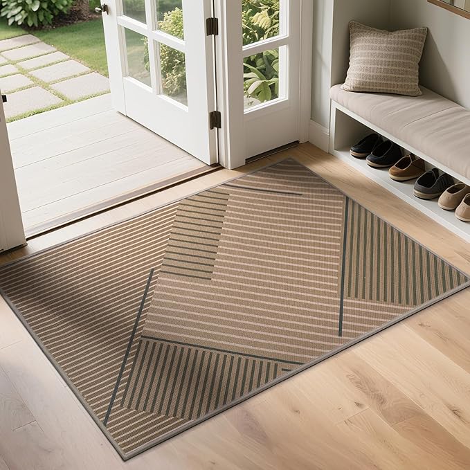 Front Door Mat 17''x30'', Non Slip Absorbent Muddy Dirt Resist Washable Low-Profile Indoor Doormat,Easy Clean Welcome Entryway Door Mats, Brown