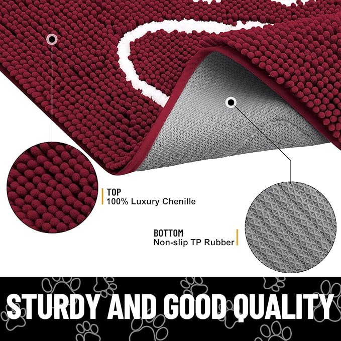 Smiry Dog Door Mat for Muddy Paws, Absorbent Dirt Trapper Non Slip Quick Dry Washable Chenille Mat for Mud Dogs, Entry Rug for Indoor and Outdoor (47x32 Inches, Burgundy and White)