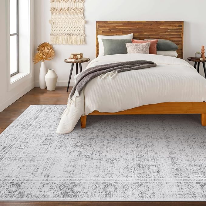 LIVEBOX Washable Area Rug 8x10 - Large Boho Living Room Rug Vintage Grey Rugs for Bedroom, Non-Slip Retro Floral Carpet Print Distressed Accent Rugs for Dining Room Home Office
