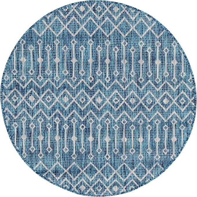 Unique Loom Outdoor Trellis Collection Area Rug - Tribal Trellis (5' 3" Round, Teal/ Ivory)