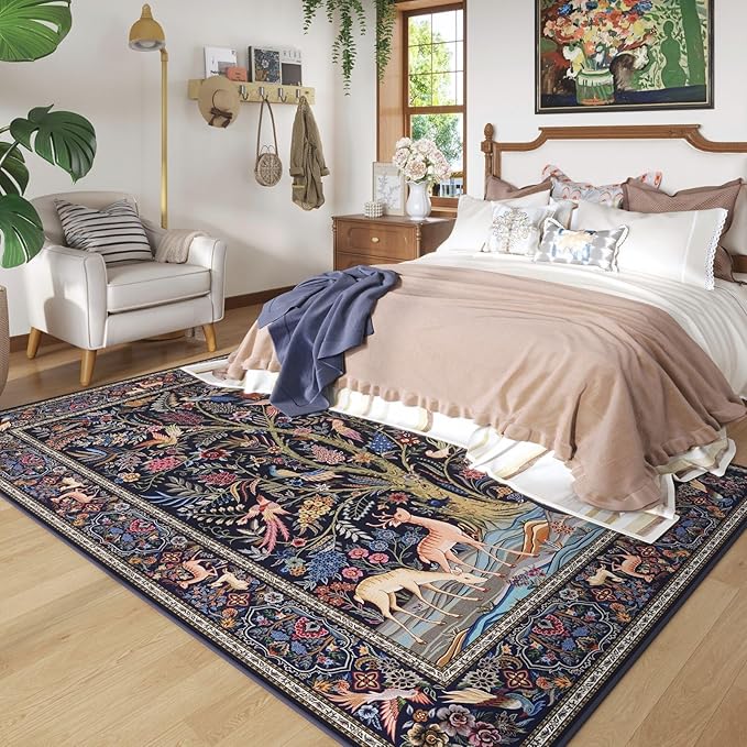 Rugcomf 8x10 Area Rugs Vibrant Tree of Life-Patterned Vintage Washable Area Rug Non Slip Low Pile Large Rug for Bedroom Farmhouse Dining Room Kids Playroom, Blue