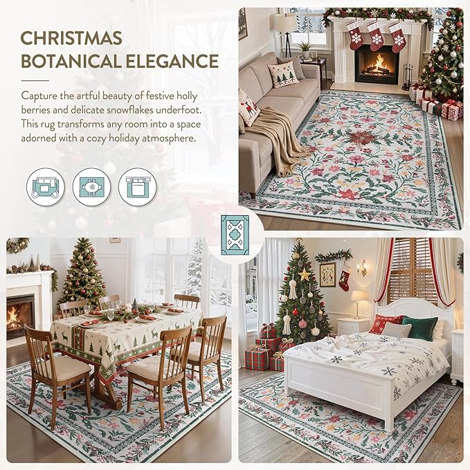 Wonnitar Christmas Rug for Living Room, Christmas Home Decor 8x10 Washable Rug, Ultra-Thin Soft Holiday Floral Print Non Slip Winter Indoor Carpet for Bedroom Kids Room Xmas Dining Room