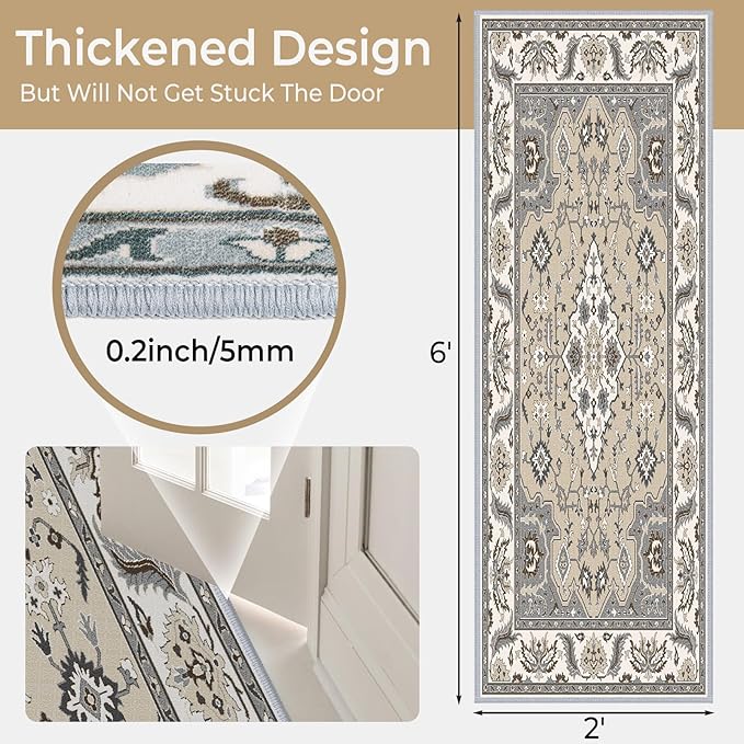 Hallway Runner Rug 2x6ft Kitchen Runner Rug Non Slip Washable Runner Rugs, Vintage Distressed Faux Wool Carpet Entryway Rug Runners with Rubber Backing for Farmhouse, Bedroom, Laundry