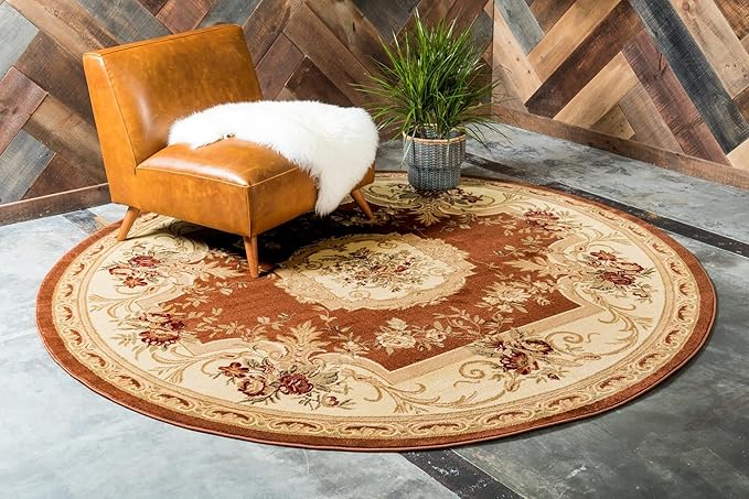 Rugs.com Chateau Collection Rug – 8 Ft Round Brick Red Medium Rug Perfect for Kitchens, Dining Rooms