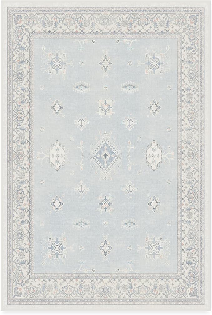 RUGGABLE Washable Vintage Area Rug – Verena Soft Blue 4x6, Stain-Resistant, Non-Slip – Medium Machine Washable Rugs for Living Room, Bedroom, Hallway, Entryway & Office–with Cushioned Pad