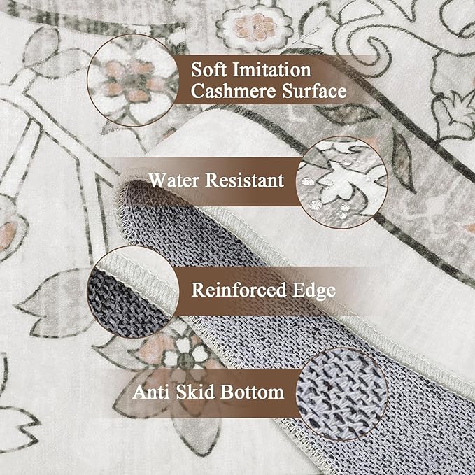 U'Artlines Boho Vintage Area Rug 8x10 Machine Washable Low Pile Soft Floor Carpet Non Slip Non Shedding Accent Rug for Living Room Bedroom Entryway Dining Room Office Grey Taupe