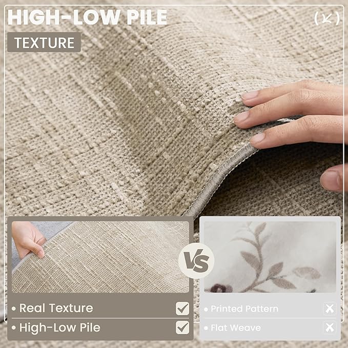 Art&Tuft 2x10 Runner Rug - Washable Runner Rugs, Non-Slip Runner Rug for Hallway, High Low Pile Textured Stripe 2x10 Rug Runner Throw Carpet for Entrance Bedroom Living Room Kitchen, Beige