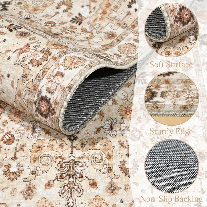 8x10 Washable Area Rugs Ultral Soft Non-Slip Stain Resistant Vintage Boho Large Carpet for High-Traffic Living Room & Dining Room