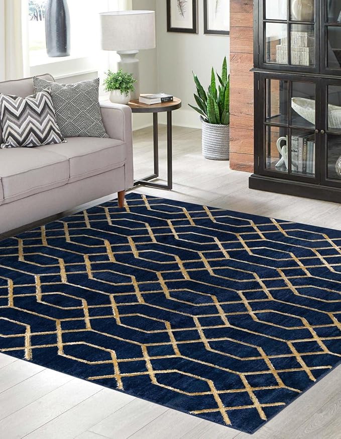 Marilyn Monroe Glam Collection Area Rug - Trellis (7' 10" Square, Navy Blue Gold/ Gold)