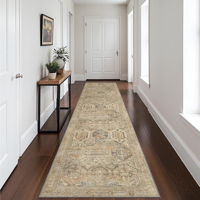 Bavni Runner Rug 2x10 Kitchen Rugs for Hallways Entryway, Washable Vintage Print Carpet, Ultra-Thin Chenille Low Pile Lightweight Rug with Non Slip Backing, Wood