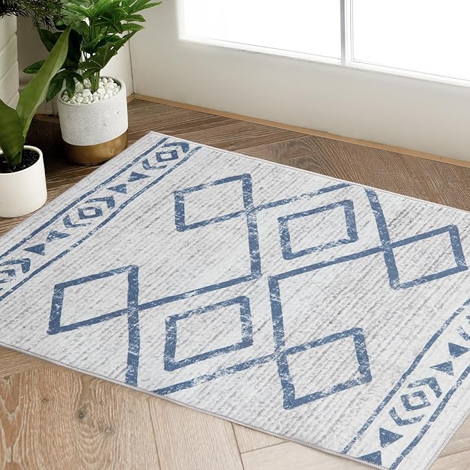 jinchan Moroccan 2x3 Rug for Entryway - Machine Washable Rug Modern Geometric Kitchen Soft Faux Wool Non-Slip Indoor Doormat Ultra-Thin Carpet for Entrance Bathroom Bedroom Living Room (2x3ft, Blue)
