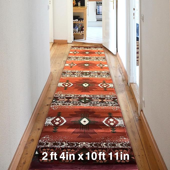 YHSF South West Native American Area Rug C318 - Easy Clean, Thick, Soft, Durable Native Tribal American Indian Inspired Rug for Bedroom/Living Room and more - Rust, 2 Feet 4 Inches x 10 Feet 11 Inches