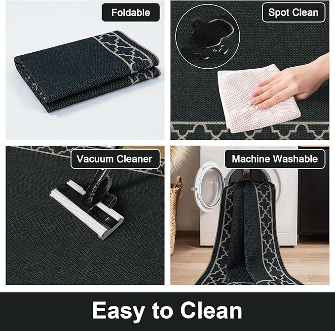 OJIA Easy Jute Outdoor Area Rug 8x10, Large Patio Rug Washable Living Room Rug Farmhouse Indoor Outdoor Carpet Bordered Modern Non-Slip Black Rugs for Bedroom Backyard Deck Decor