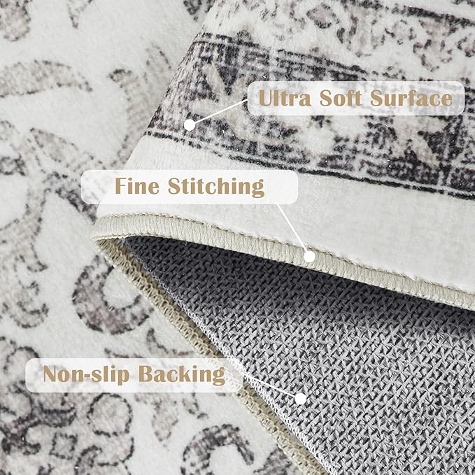 jinchan Floral Runner Rug 2x5 - Machine Washable Beige Vintage Distressed Design Soft Non-Slip Low-Pile Ultra-Thin Runner Rug for Kitchen Hallway Laundry Room Entryway Farmhouse (2‘x5', Beige)