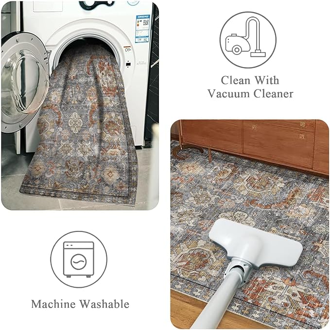 RUGSURE Washable Area Rugs - Perfect for Living Room, Bedroom, Kids Room, Nursery - Stain & Water Resistant Non-Slip, Pet & Child Friendly, Vintage Tribal Area Rugs (Turmeric and Grey, 4' x 6')