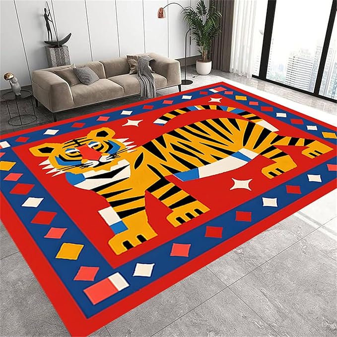 Jungle Animal Area Rug,5x7ft,Unique Design Tiger Print Rug With Geometric Pattern，Bohemian Style Animal Tiger Print Pattern Colorful Rug,Washable Non-Slip Rug for Living Room Classroom Nursery Decor