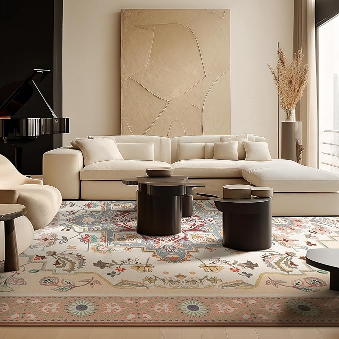 Phantoscope Washable Area Rug 6'x9' Non-Slip, Vintage Boho Rugs for Living Room, Bedroom, Dining Room, Persian Floral Medallion Pattern, Low-Pile Foldable Floor Carpet, Ivory Rose/Fall Bloom