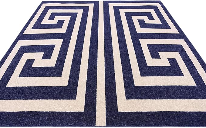Unique Loom Athens Collection Classic Geometric Modern Border Design Area Rug (8' 0 x 8' 0 Square, Navy Blue/ Beige)