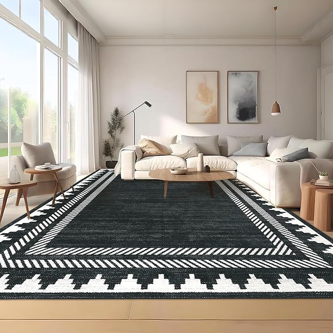 Modern Low Pile Non Slip 5x7 Machine Washable Living Room Area Rug Foldable Modern Geometric Soft Floor Carpet Geometric Bordered Stain Resistant Indoor Rug with Rubber Back, Black
