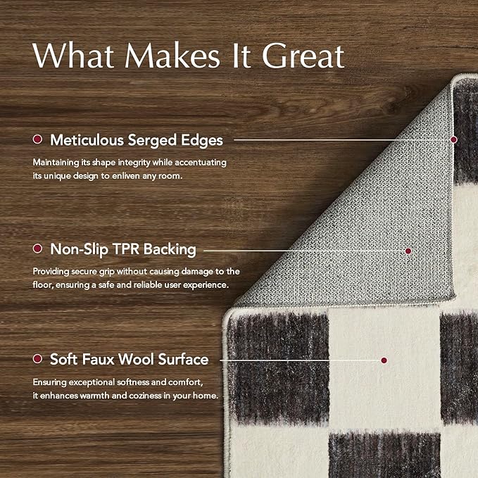EVERGRACE Checkered Plaid Area Rug 9x12, Soft Fuzzy Faux Wool Rugs Washable Anti Slip Rugs Large Rug Carpet for Entryway Bedroom Living Room Hallway Kitchen and Laundry Room, Black and White